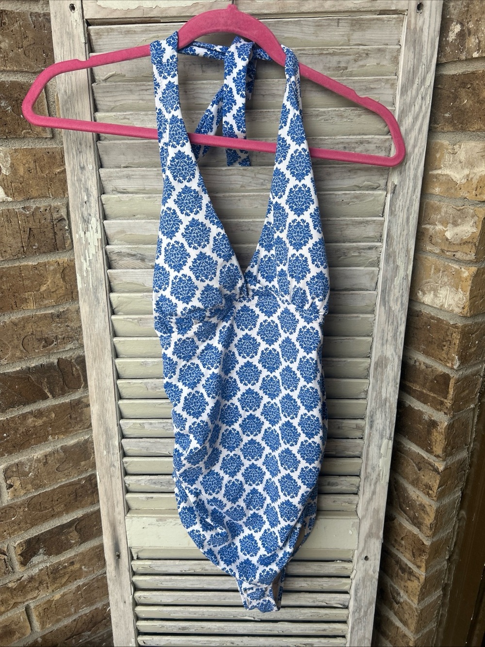 Garnet Hill Size 12  Blue White Pattern One Piece Swimsuit.